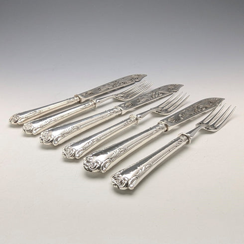 Circa 1860 British Antique Pure Silver Handle Fish Cutlery 6 Pair Aaron Hadfield